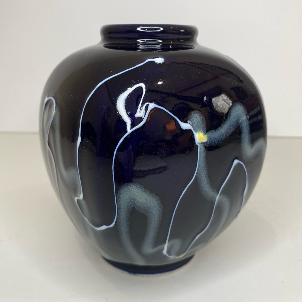Vintage Abstract Ceramic Vase Blue Swirl Drip Glaze